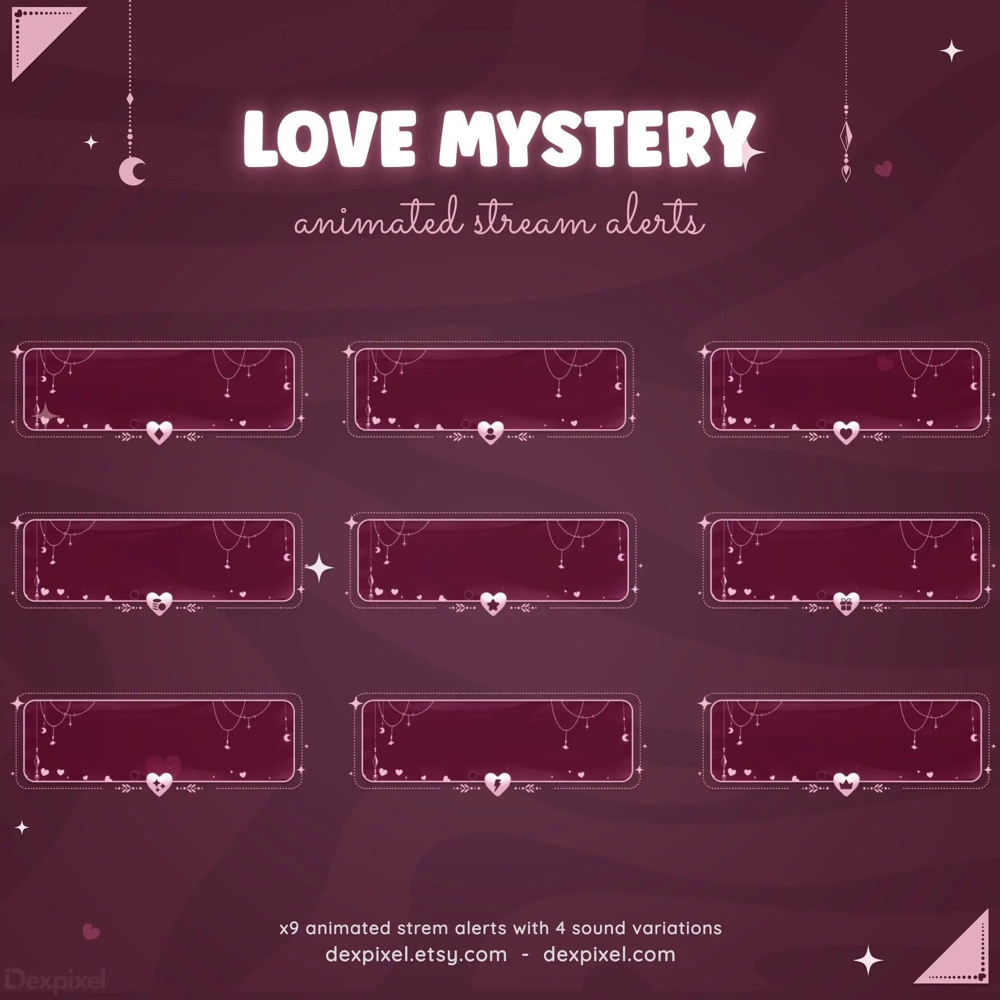 Stream alert overlay template with nine rectangular panels arranged in a 3x3 grid featuring a romantic purple theme and heart decorations.