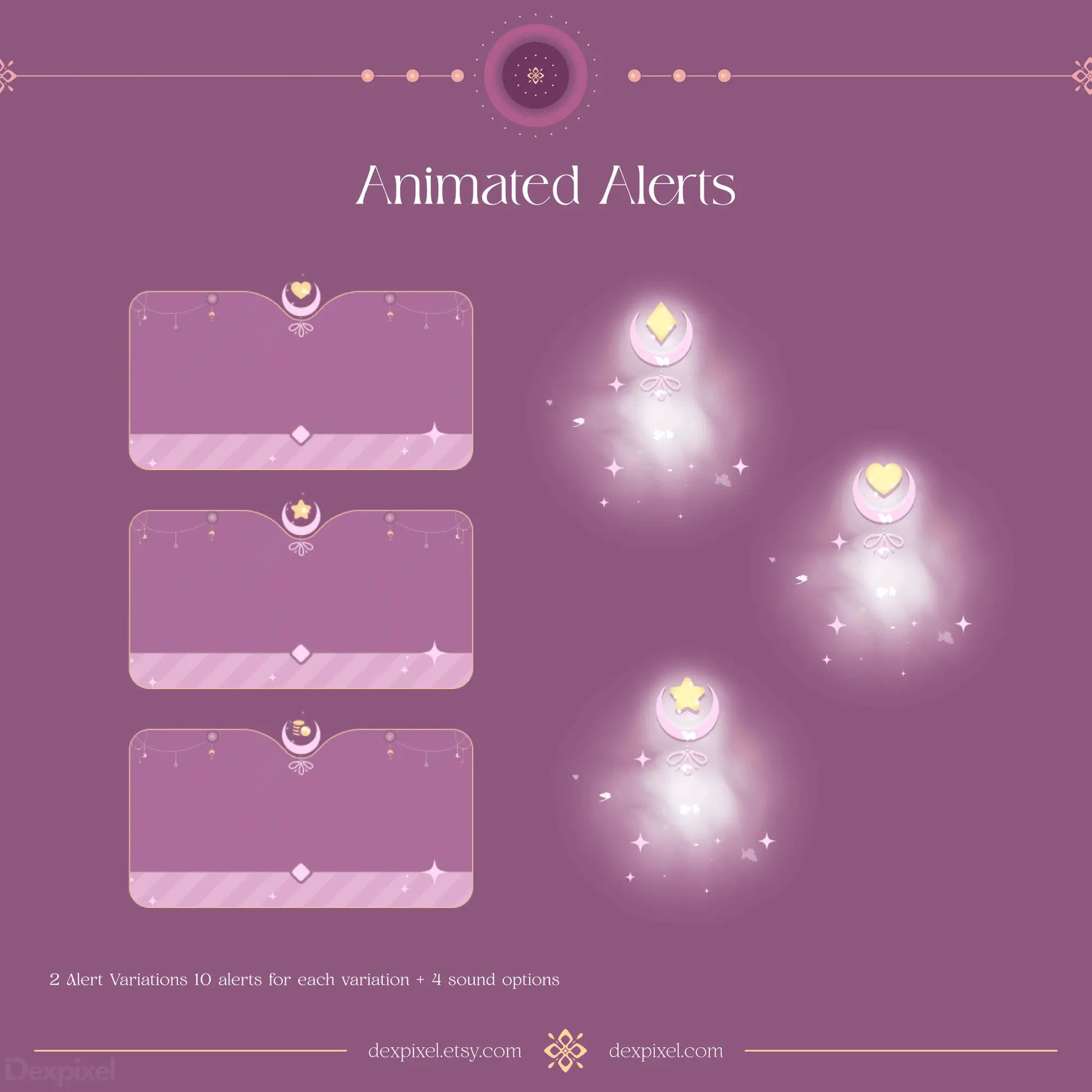 Animated alert boxes with sparkly ghost-like designs in a purple theme.