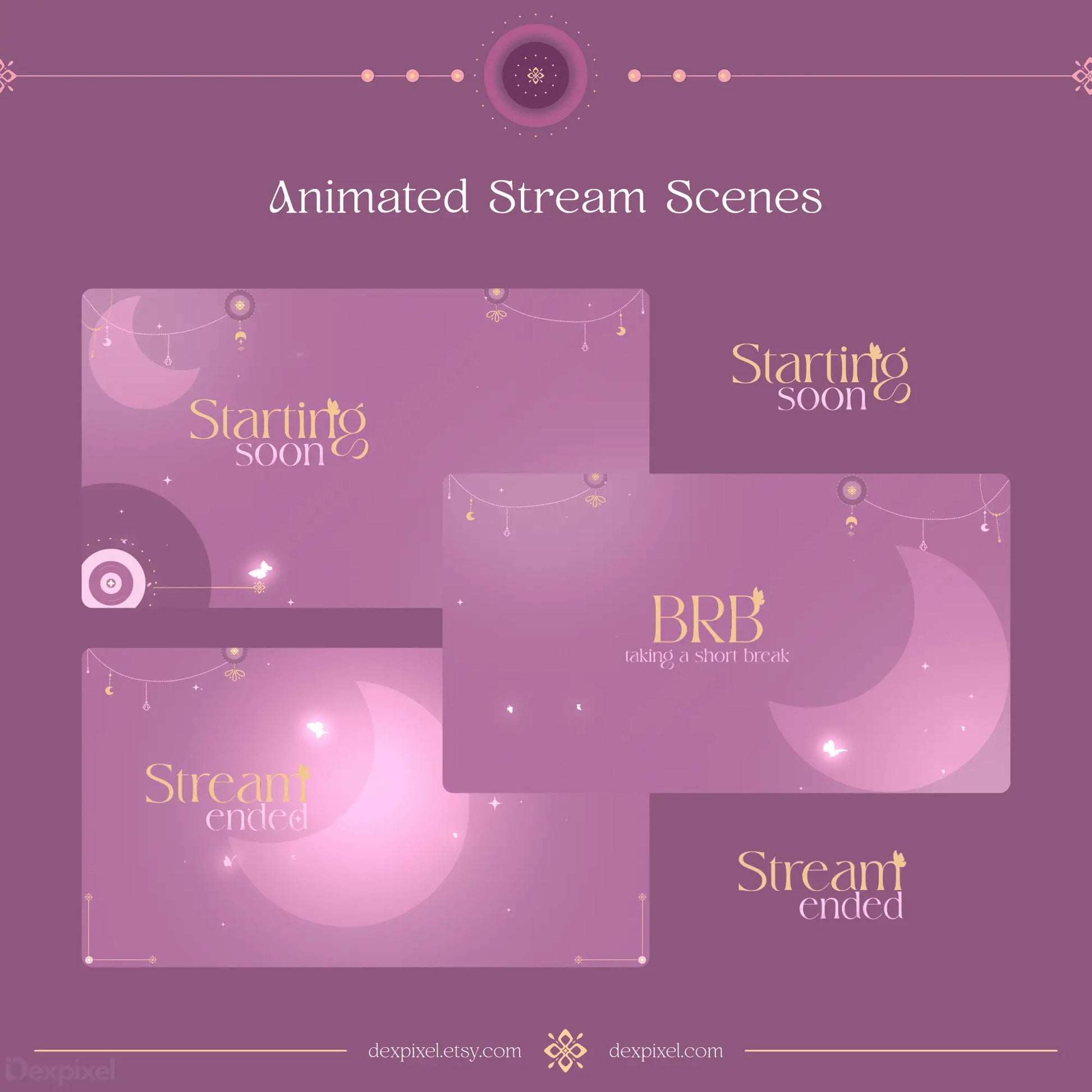 Collection of animated stream scenes with purple and gold text overlays for starting, ending, and BRB statuses.