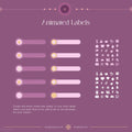 Collection of animated label designs with icons and progress bars in a purple theme.