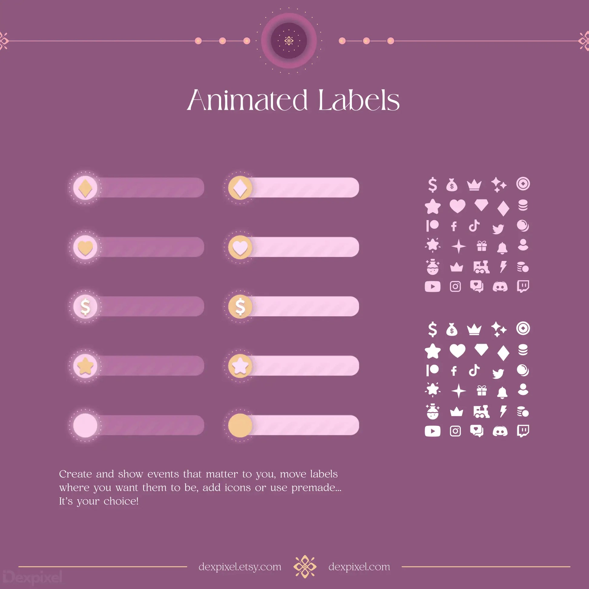 Collection of animated label designs with icons and progress bars in a purple theme.