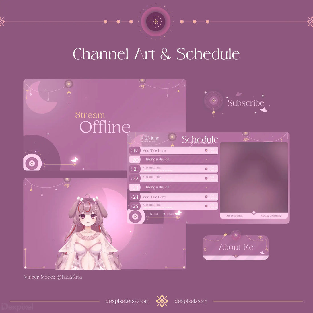 Lunar-themed design pack featuring purple and pink UI elements with sparkly celestial accents.