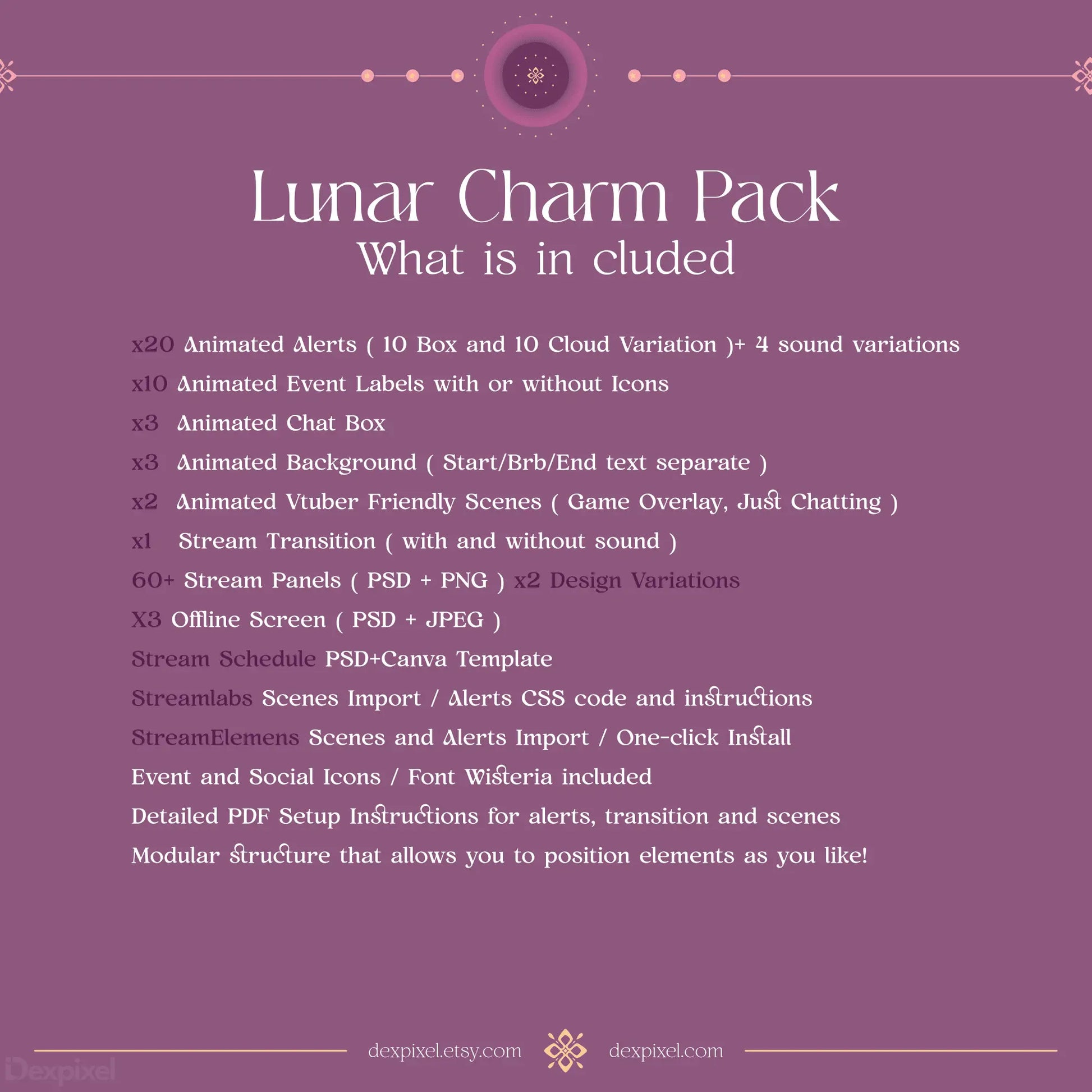 Product information card for a ’Lunar Charm Pack’ listing included digital assets and features.