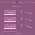 Purple and pink Twitch stream panels with sparkly decorative elements and text labels like ’About Me,’ ’Socials,’ and ’Commands.’