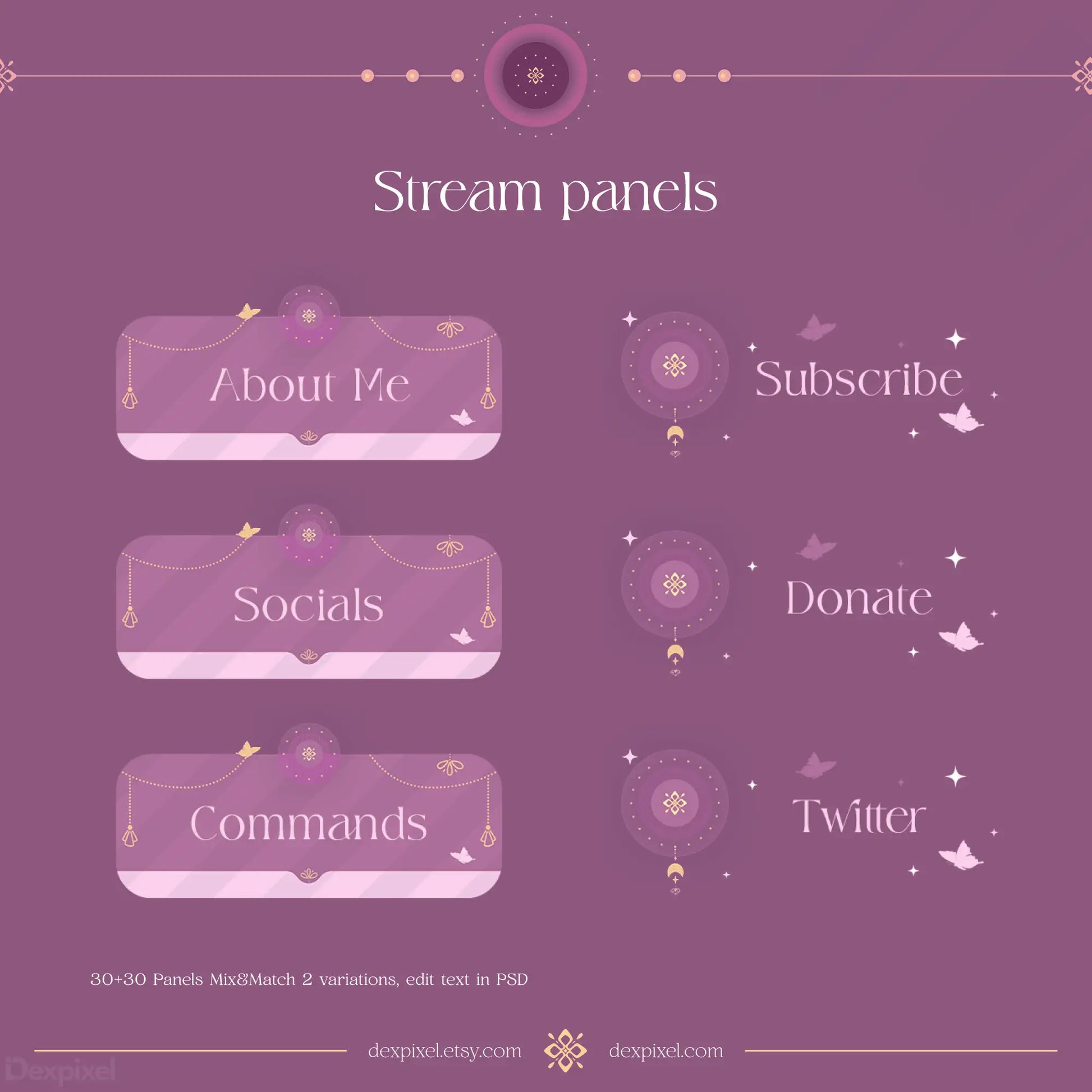 Purple and pink Twitch stream panels with sparkly decorative elements and text labels like ’About Me,’ ’Socials,’ and ’Commands.’