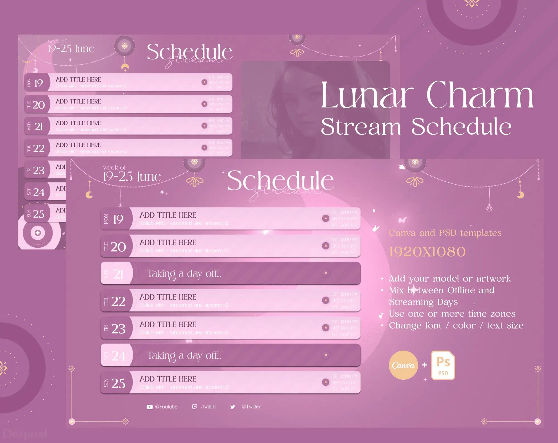 Pink-themed streaming schedule template with lunar and celestial design elements.