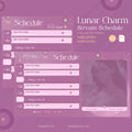 Pink and purple streaming schedule template with lunar/celestial design elements.