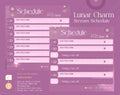 Pink and purple streaming schedule template with lunar charm design elements.