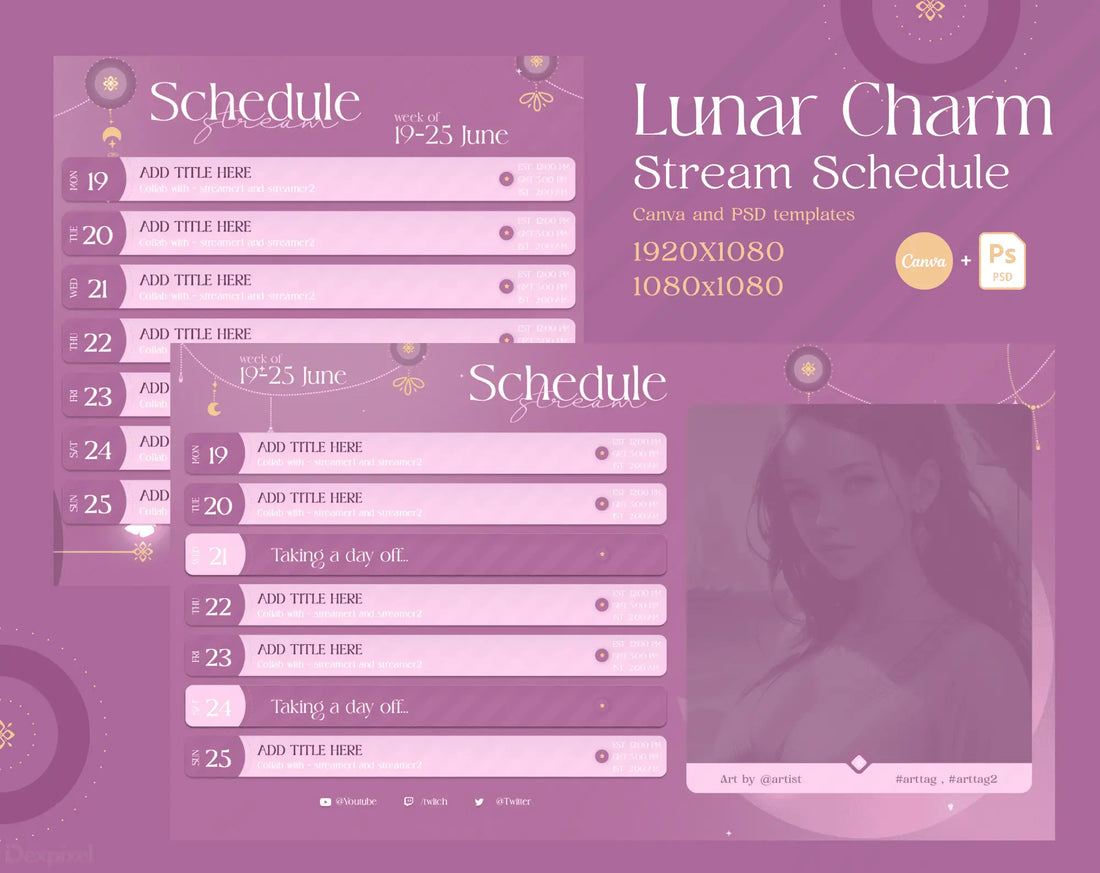 Pink and purple streaming schedule template with lunar/celestial design elements.