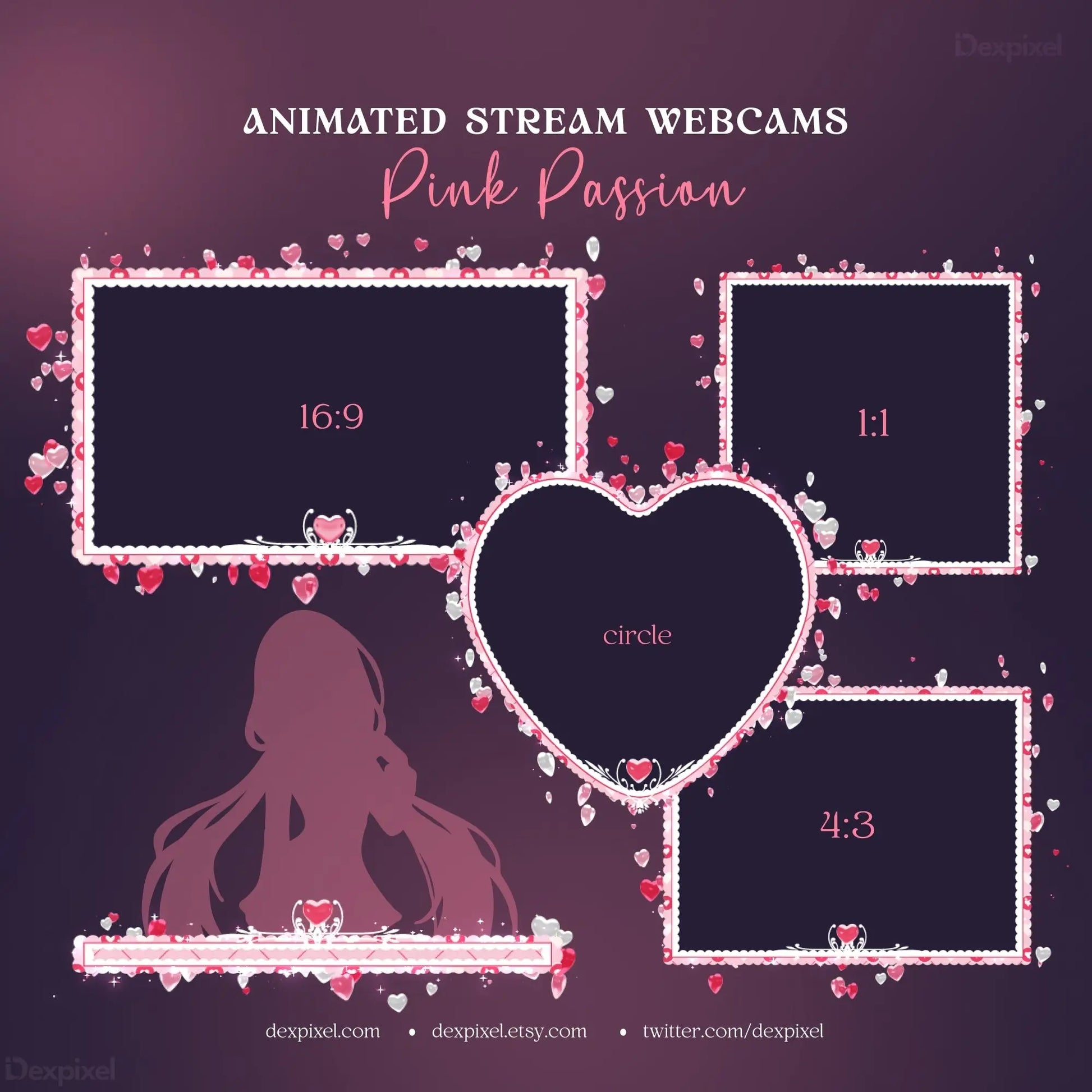 Stream overlay template with pink heart frames and floral decorations.