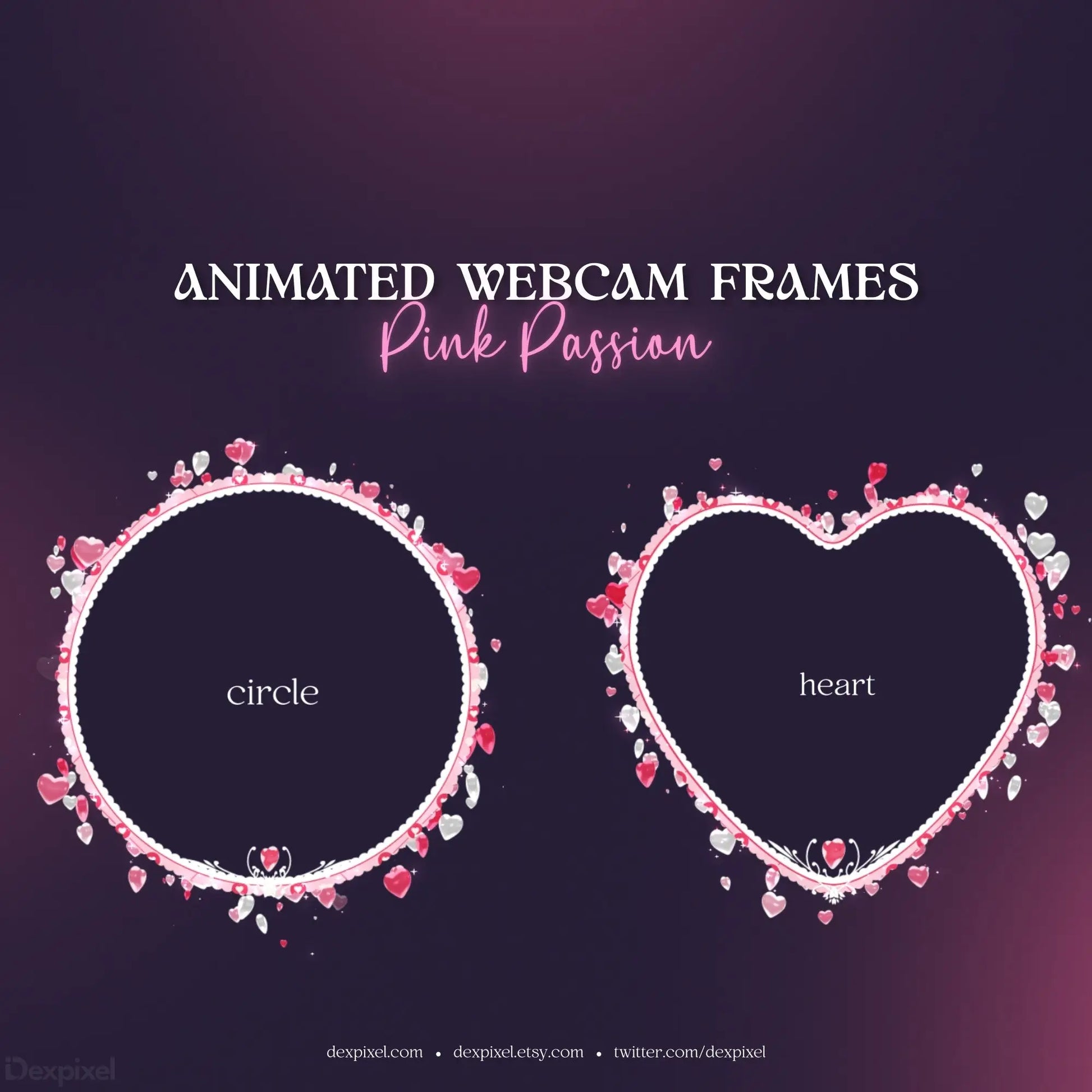 Two decorative pink and white webcam frames - one circular and one heart-shaped with floral accents.