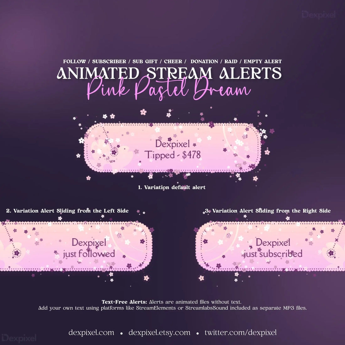 Stream alerts template featuring pink pastel boxes in a grid for Pink Pastel Dream