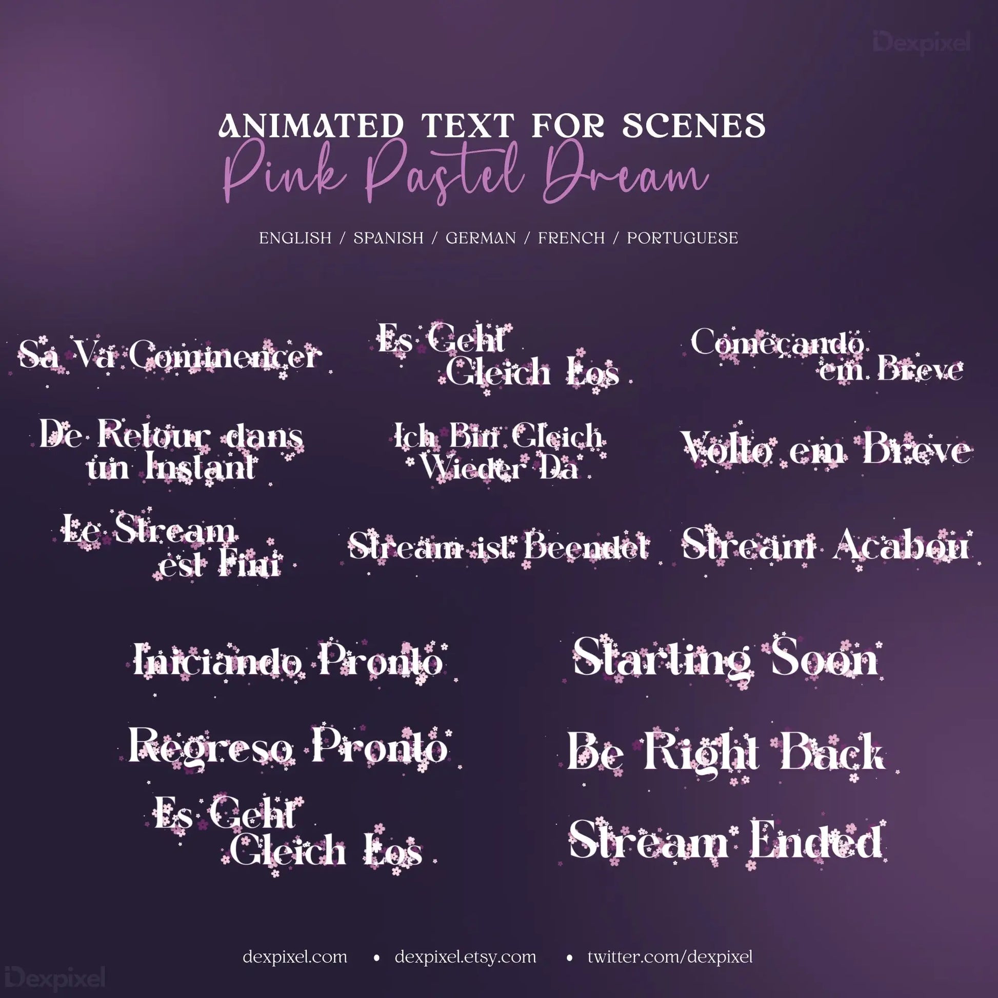 Collection of pink dream animated text overlays in various languages, celestial theme