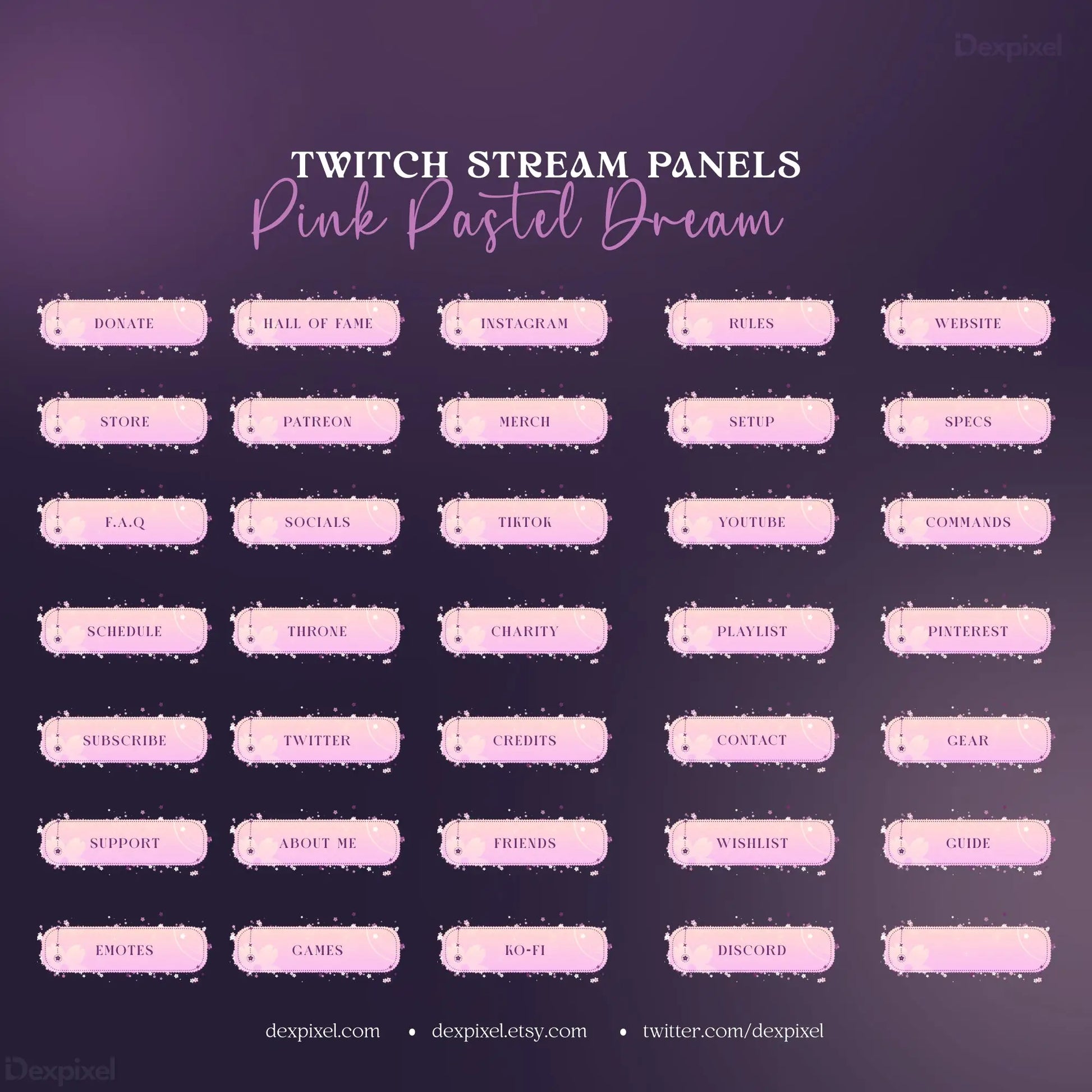 Pink pastel Twitch stream panel buttons in a grid from Pink Pastel Dream Celestial Stream Pack