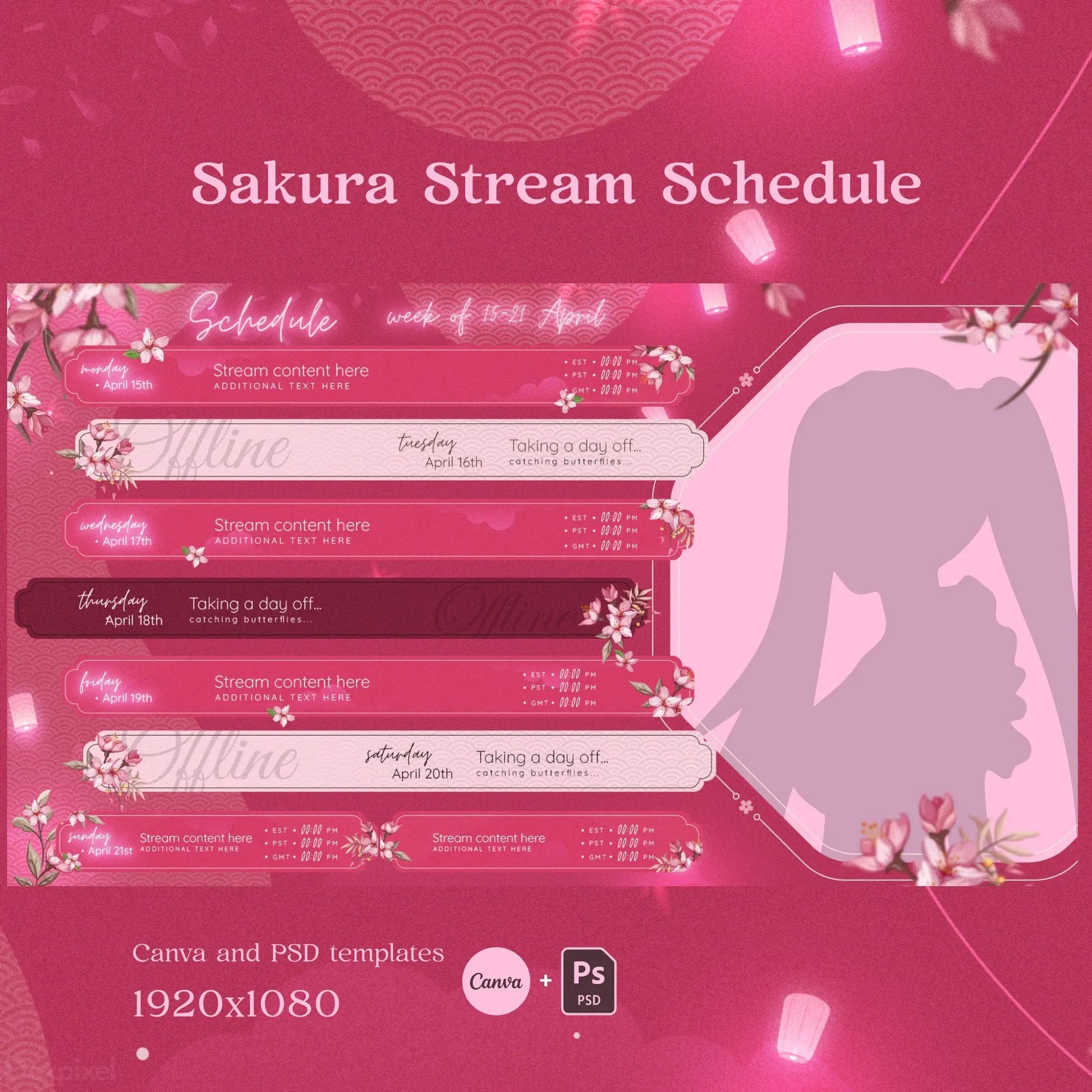 Pink-themed streaming schedule template with cherry blossom decorations and silhouette accent.