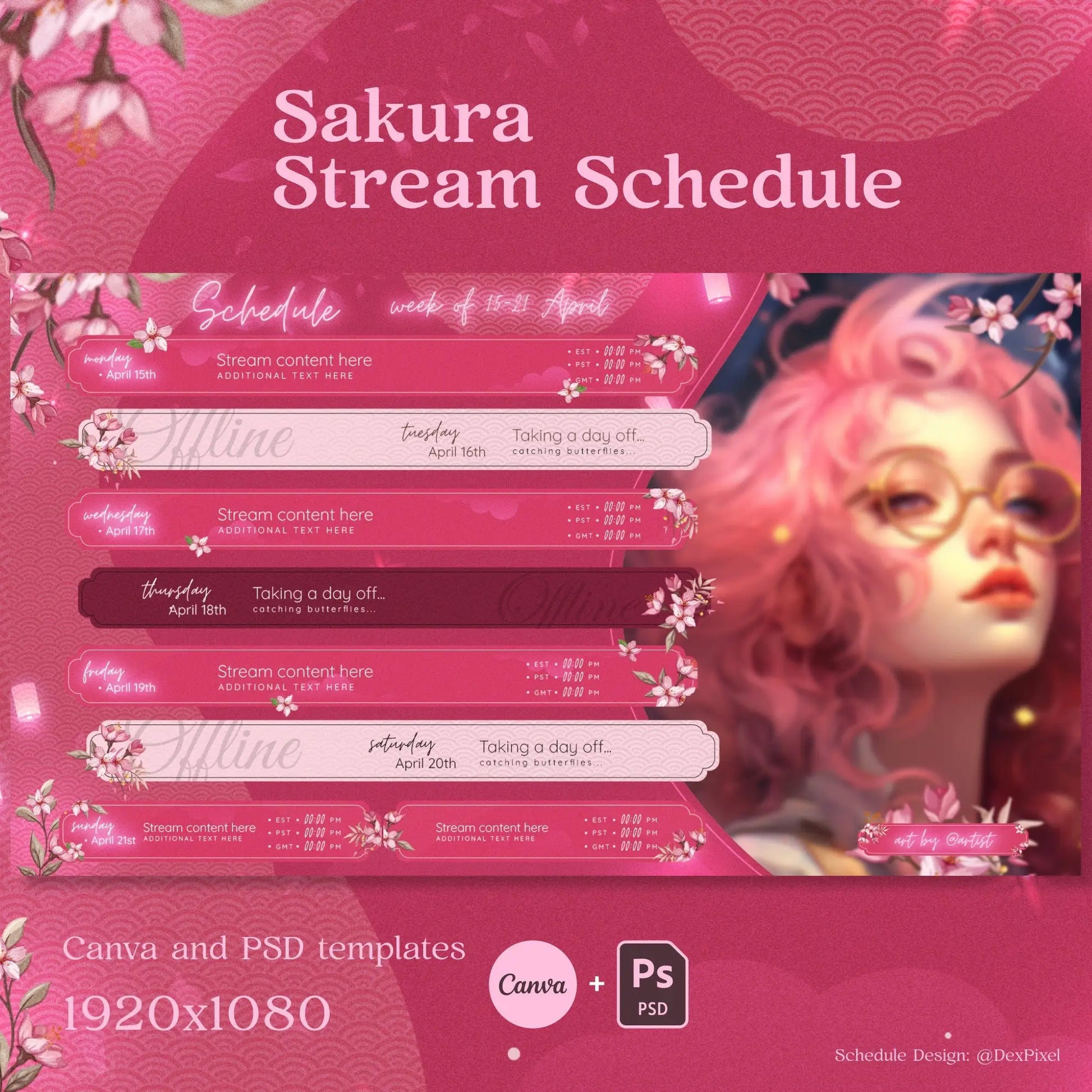 Pink-themed streaming schedule template with cherry blossom decorations and time slots.