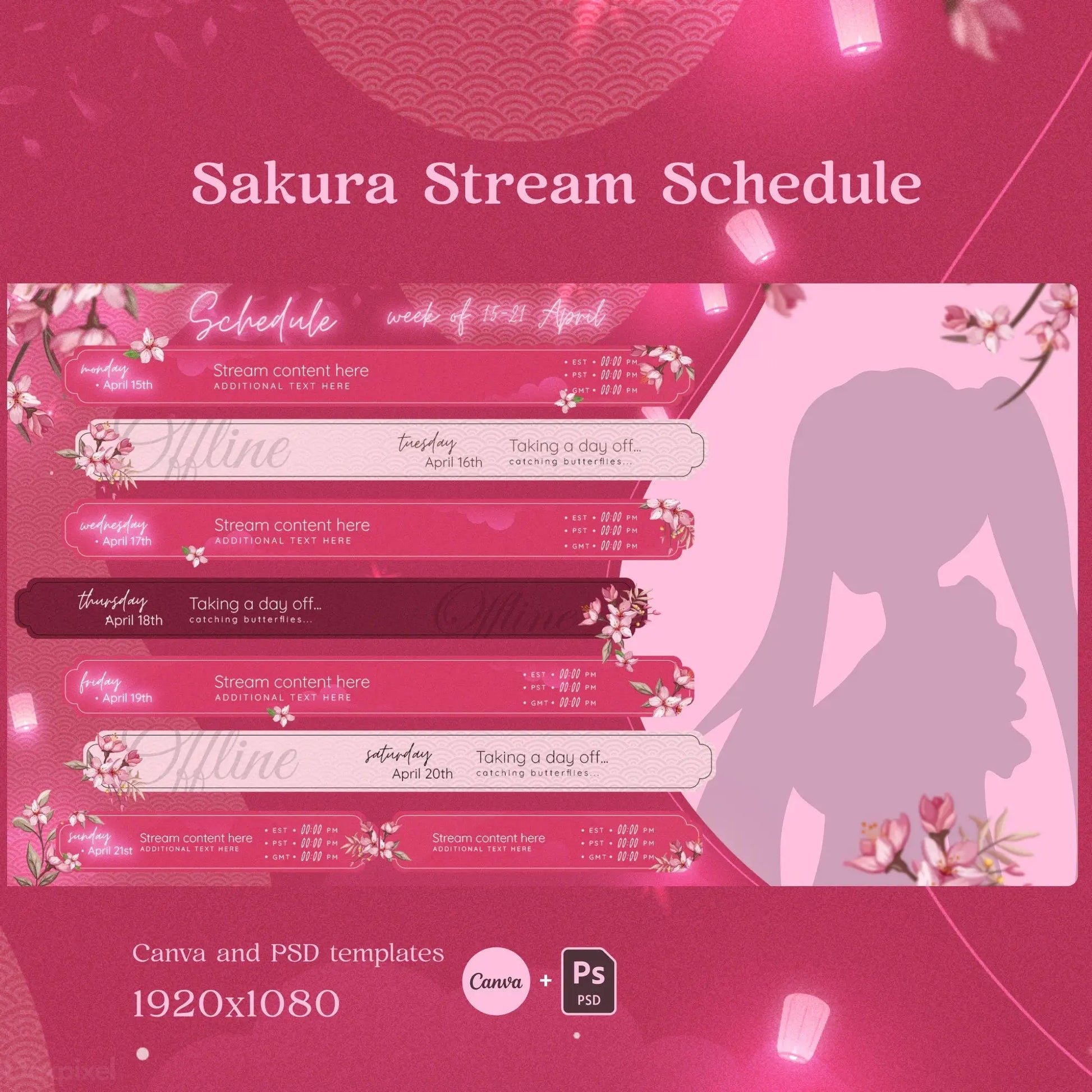 Pink-themed streaming schedule template with cherry blossom decorations and silhouette accent.