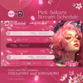 Pink sakura-themed streaming schedule template with cherry blossom decorations and artistic design elements.