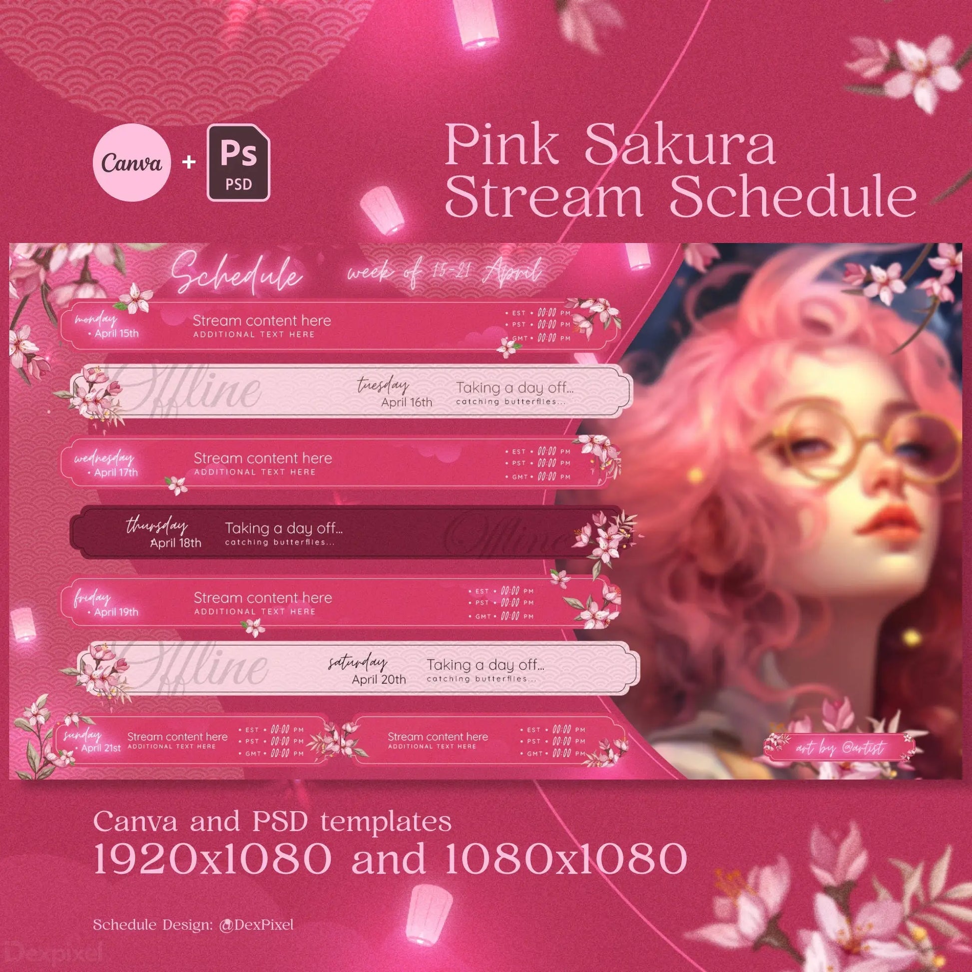 Pink sakura-themed streaming schedule template with cherry blossom decorations and artistic design elements.