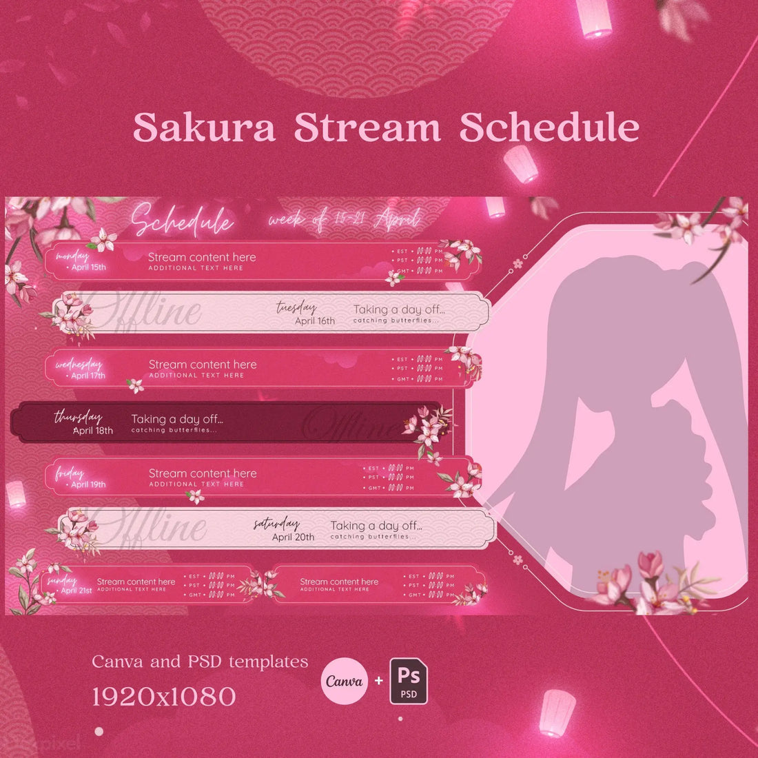 Pink sakura-themed streaming schedule template with cherry blossom decorations and artistic design elements.
