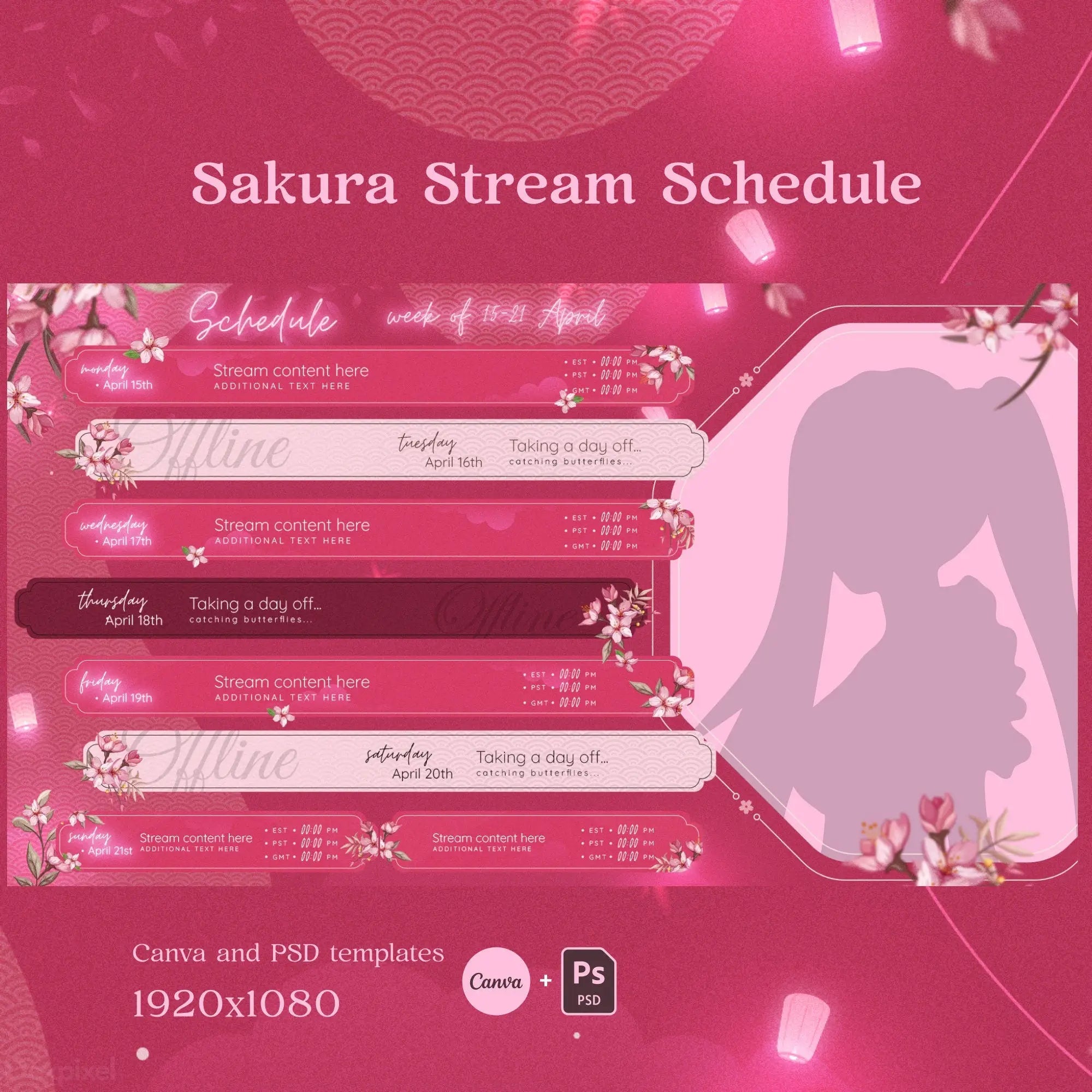 Pink-themed streaming schedule template with cherry blossom decorations and silhouette accent.