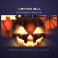Glowing jack-o’-lanterns, one prominent in the foreground, for a stream transition.