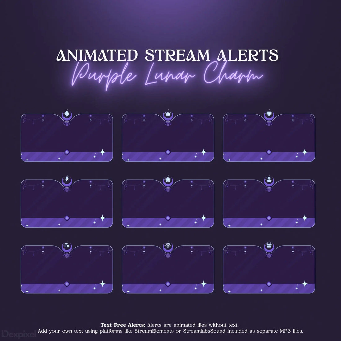 Set of purple and white neon-styled Twitch stream alert notifications with lunar/cosmic design elements.