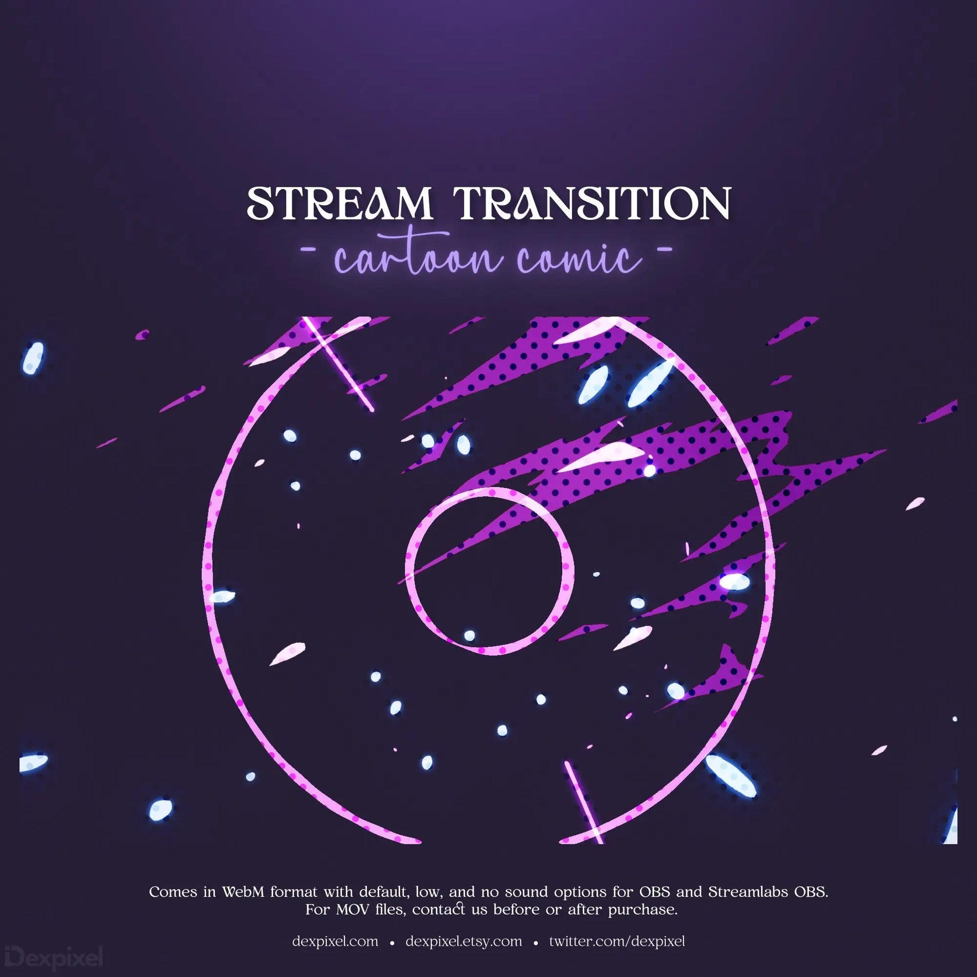 Circular pink neon stream transition graphic with geometric line details.