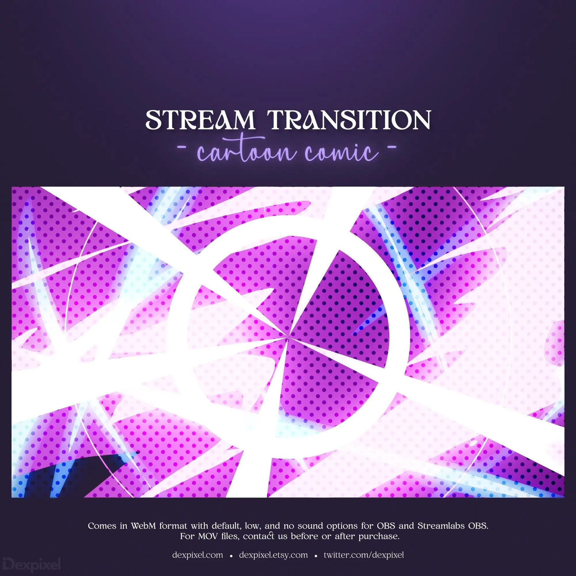 Stream transition screen with glowing white geometric lines on a purple dotted background.