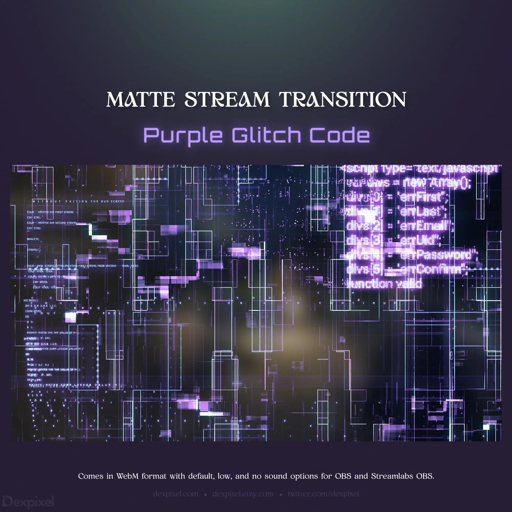 Purple glitch code stream transition.