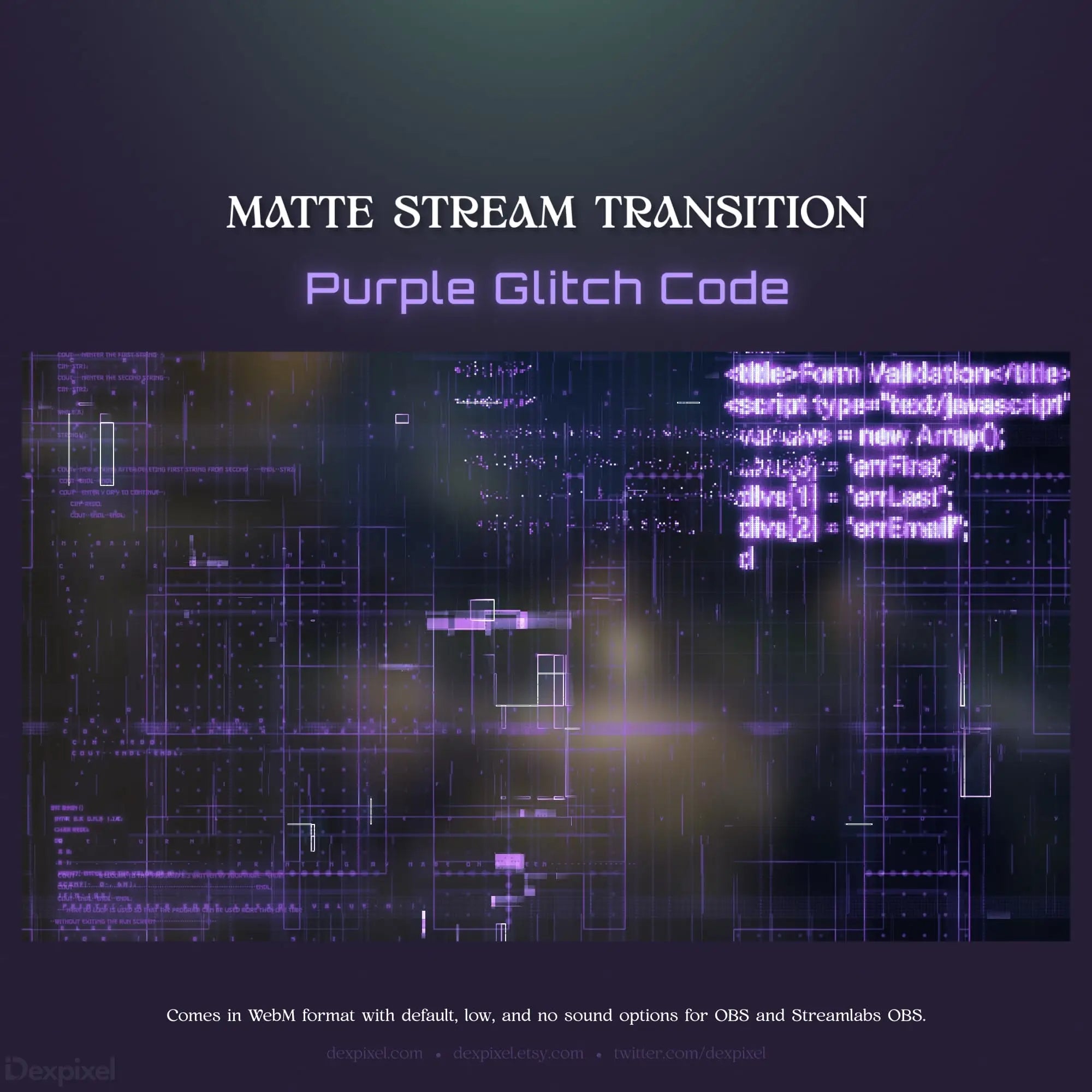 Purple glitch code stream transition.
