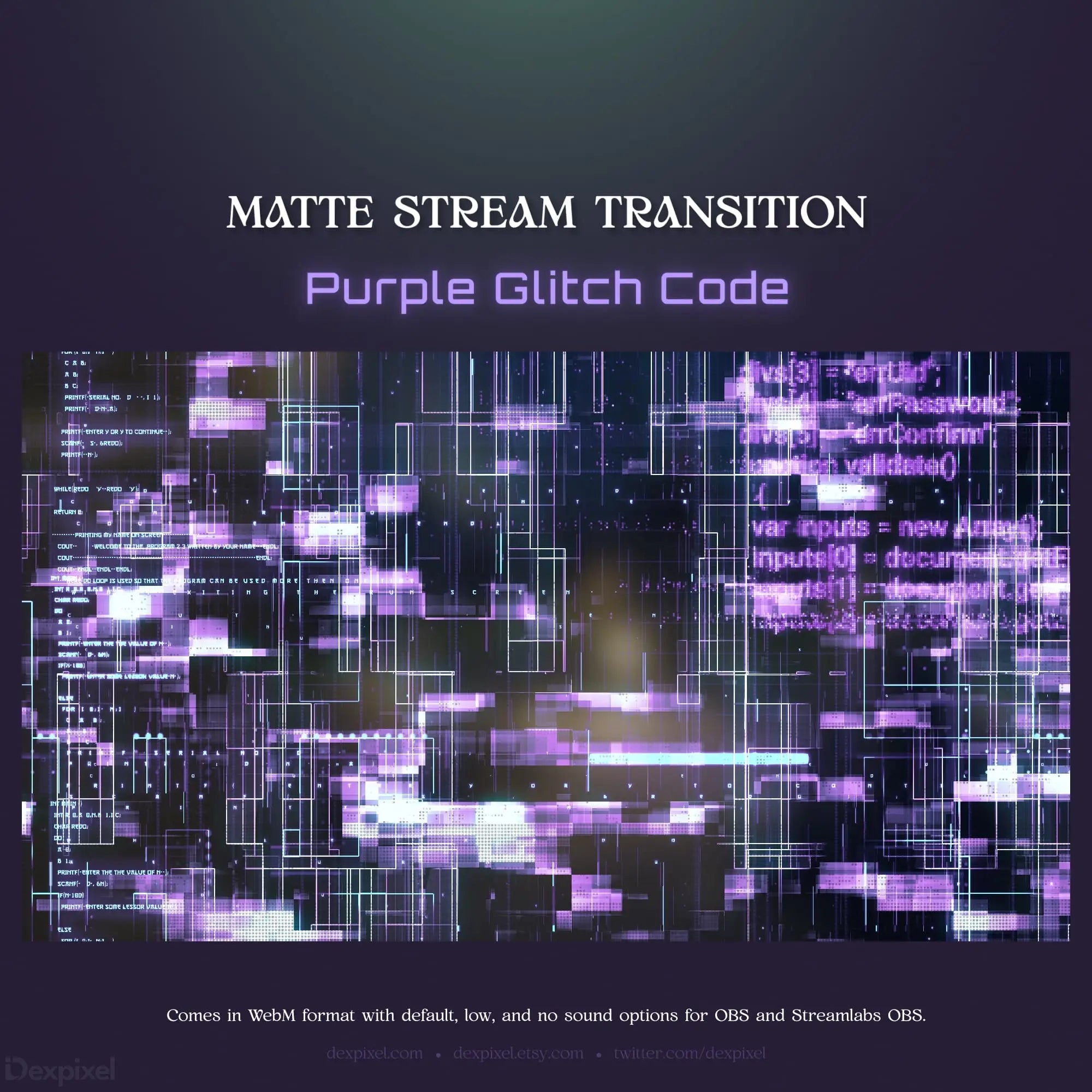 Purple glitch code stream transition.