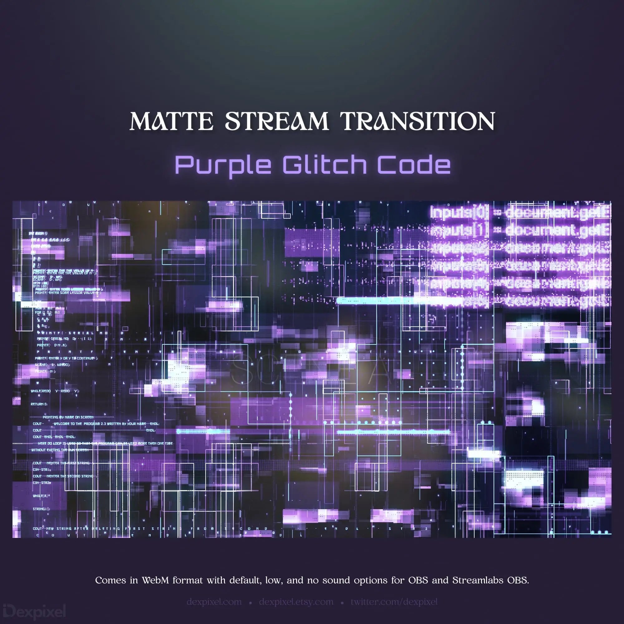 Purple glitch code stream transition.