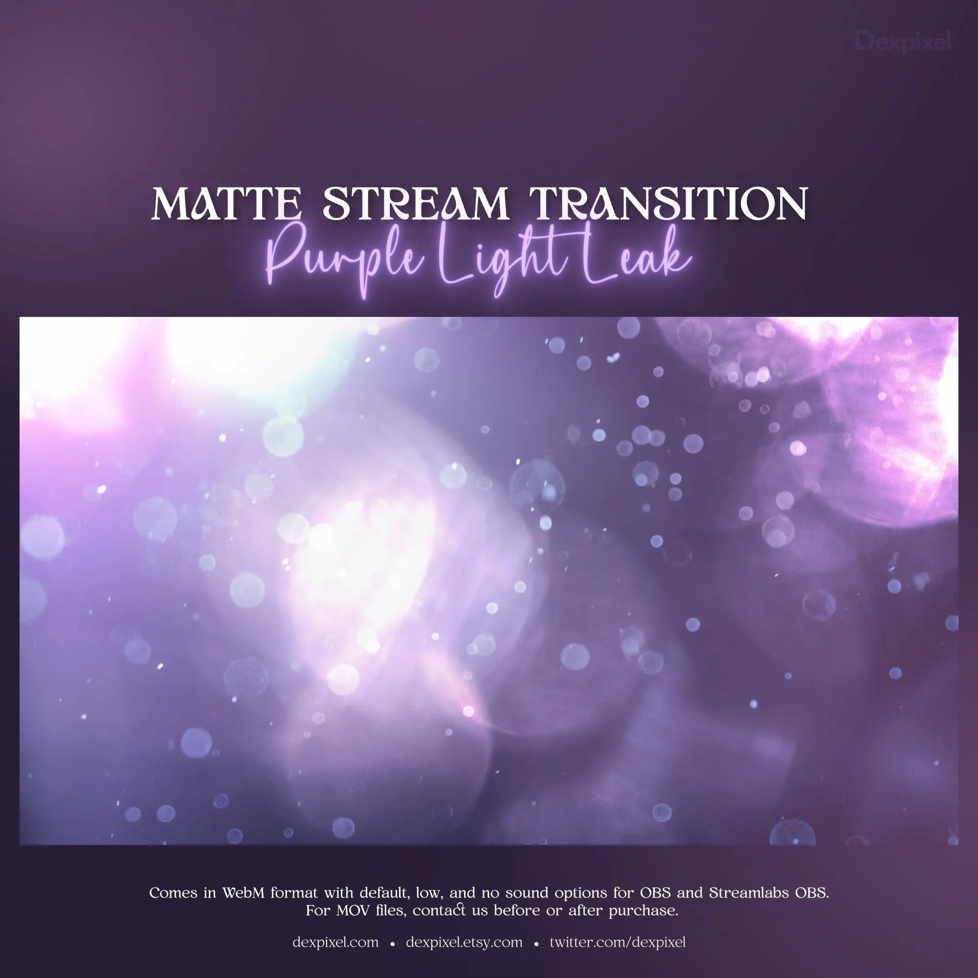 Purple light leaks stream transition overlay with pastel purple bokeh effects