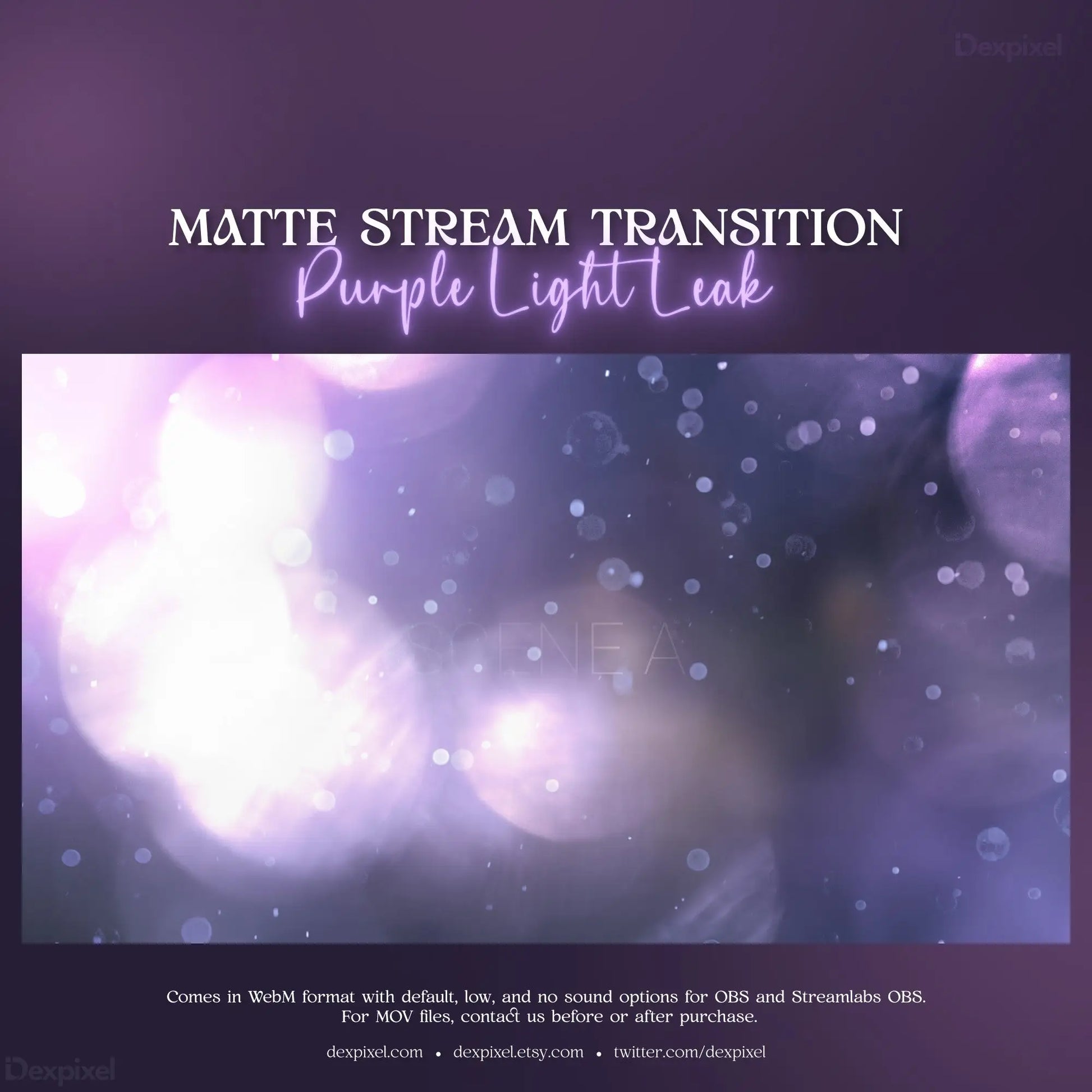 Matte stream transition overlay featuring purple light leaks and bokeh particles