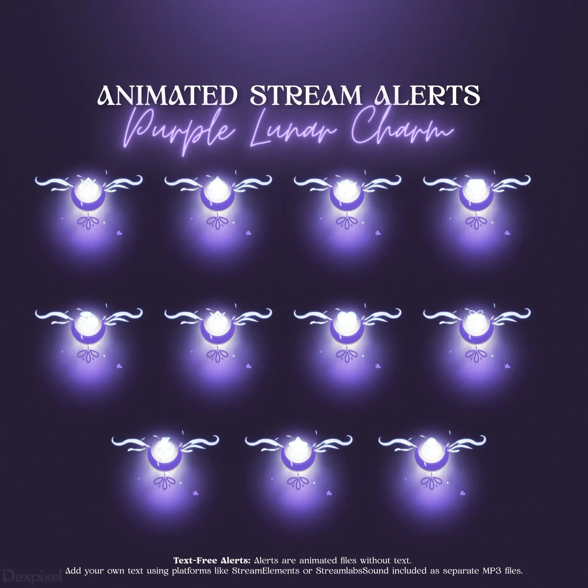 Purple glowing moon-themed animated stream alert designs arranged in rows.