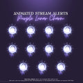 Set of glowing purple moon-themed animated stream alert icons with smiling faces.