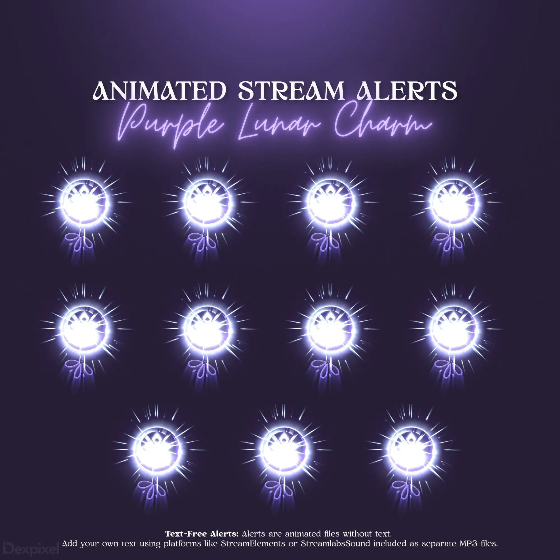 Set of glowing purple moon-themed animated stream alert icons with smiling faces.