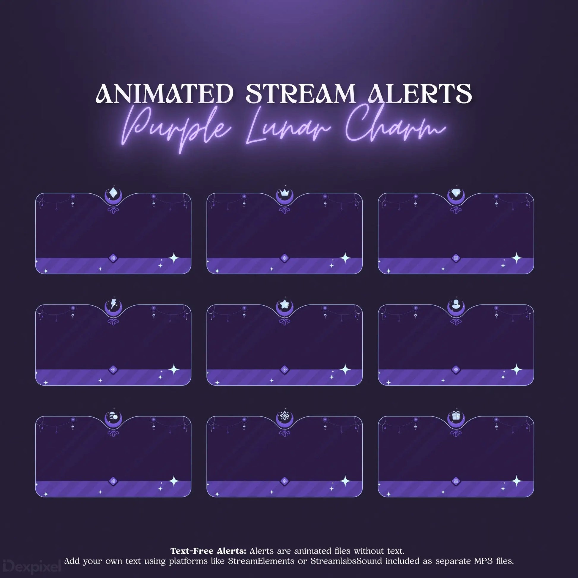 Set of purple lunar-themed animated stream alert frames with mystical sparkle accents.