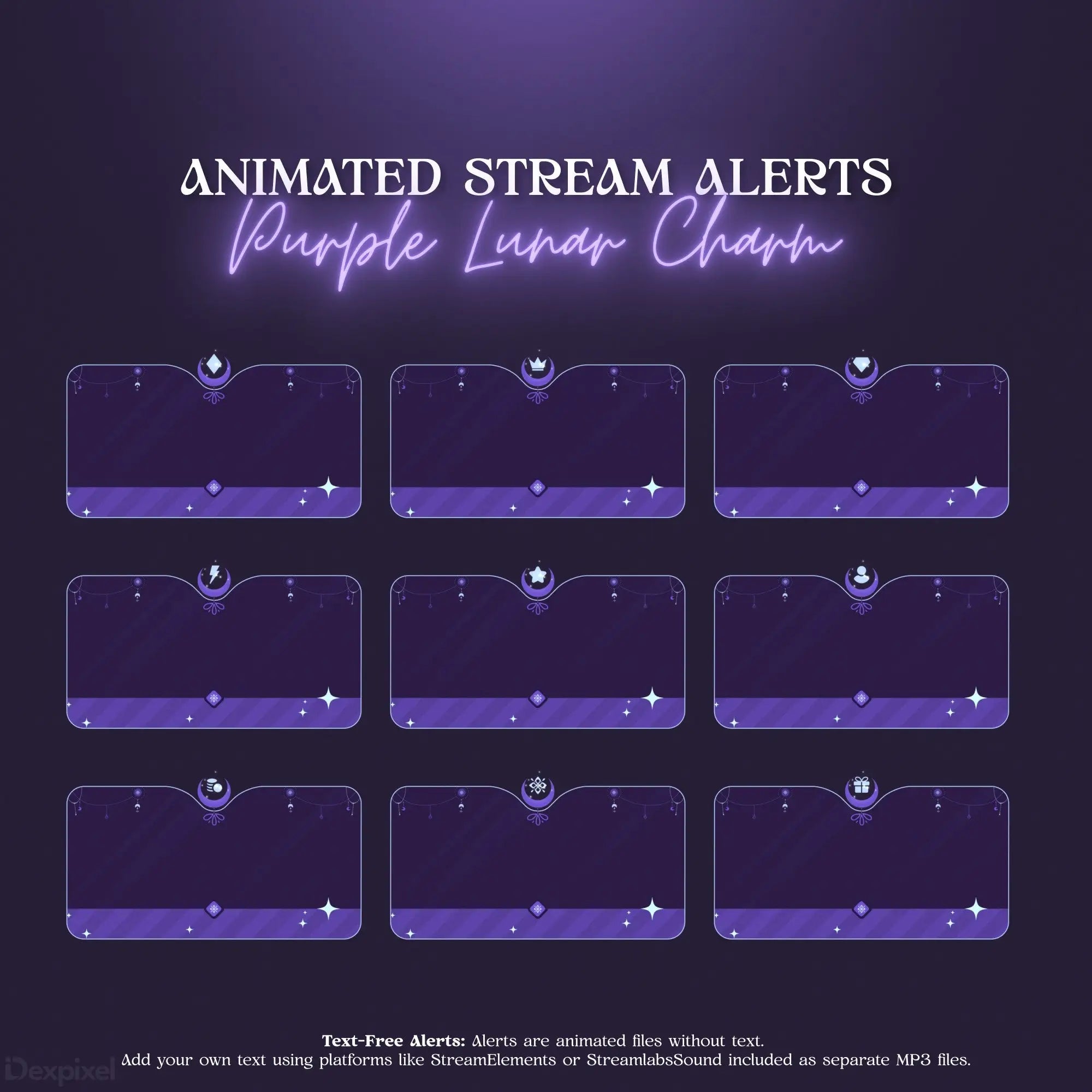 Set of purple lunar-themed animated stream alert frames with mystical sparkle accents.