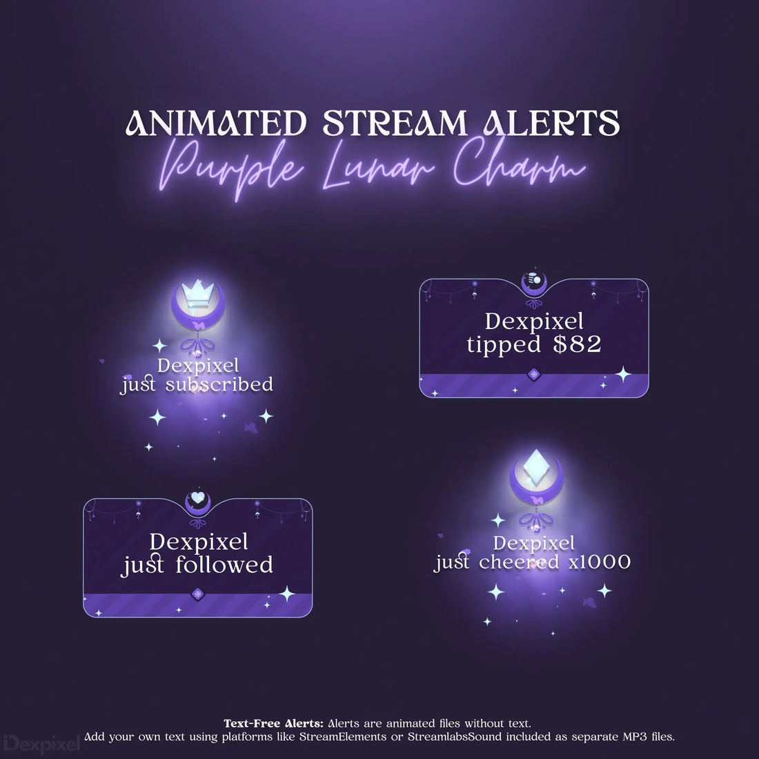 Set of purple and white neon-styled Twitch stream alert notifications with lunar/cosmic design elements.