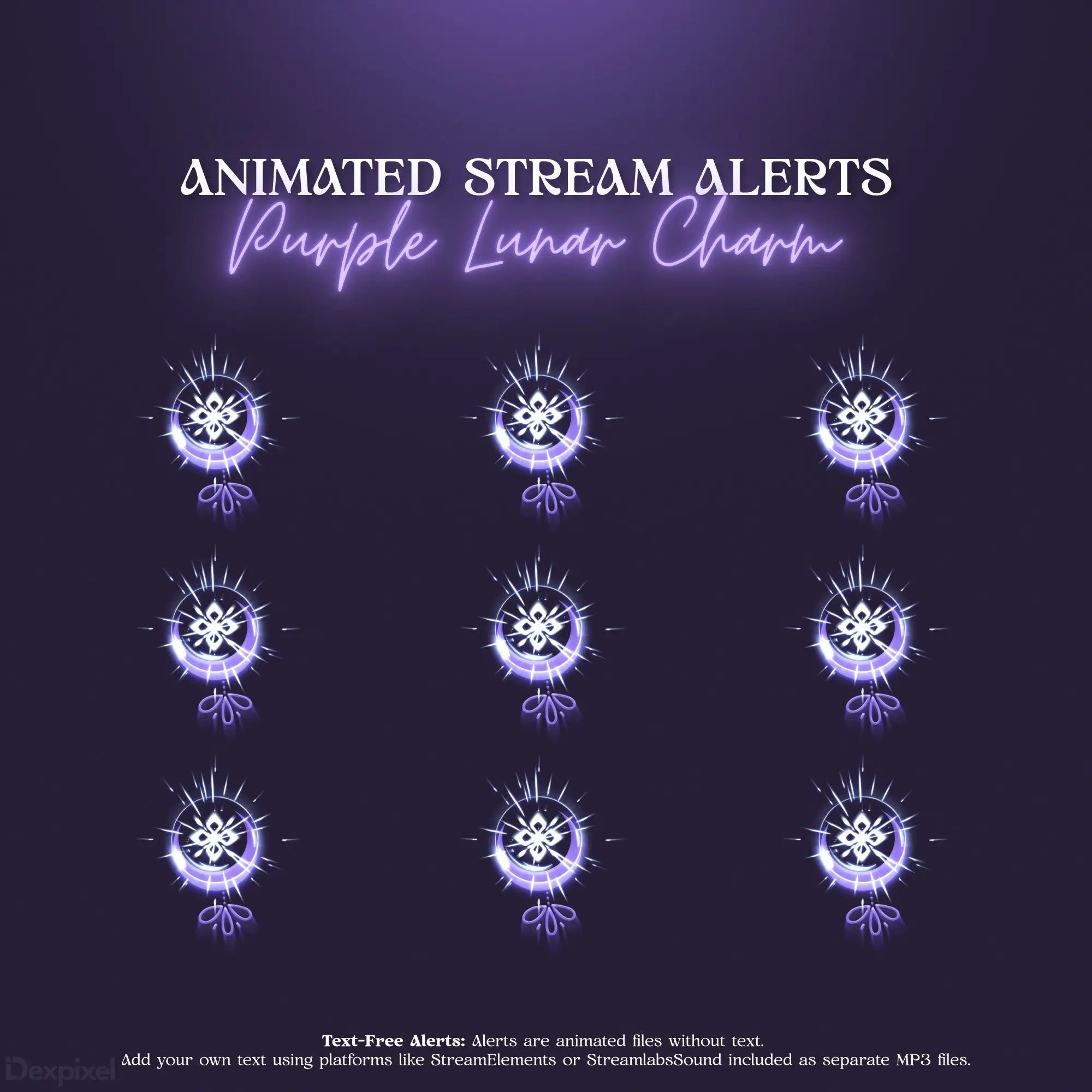 Glowing purple and white animated stream alert icons featuring a spooky moon design with decorative flourishes.