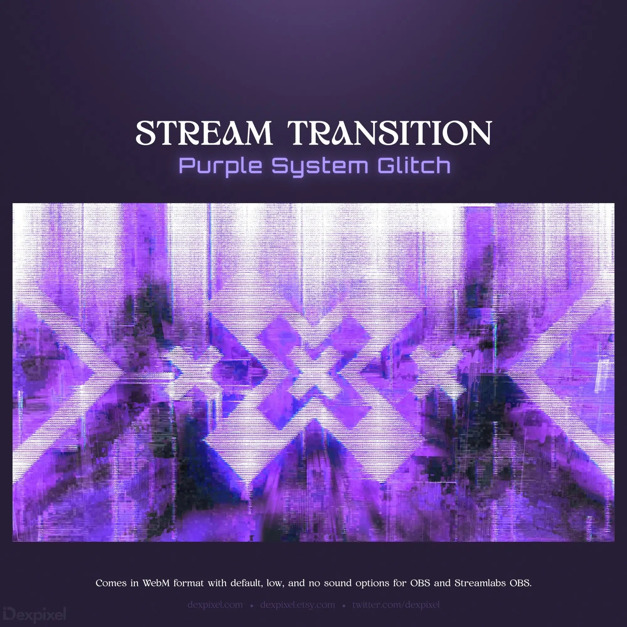 Purple glitch transition effect.