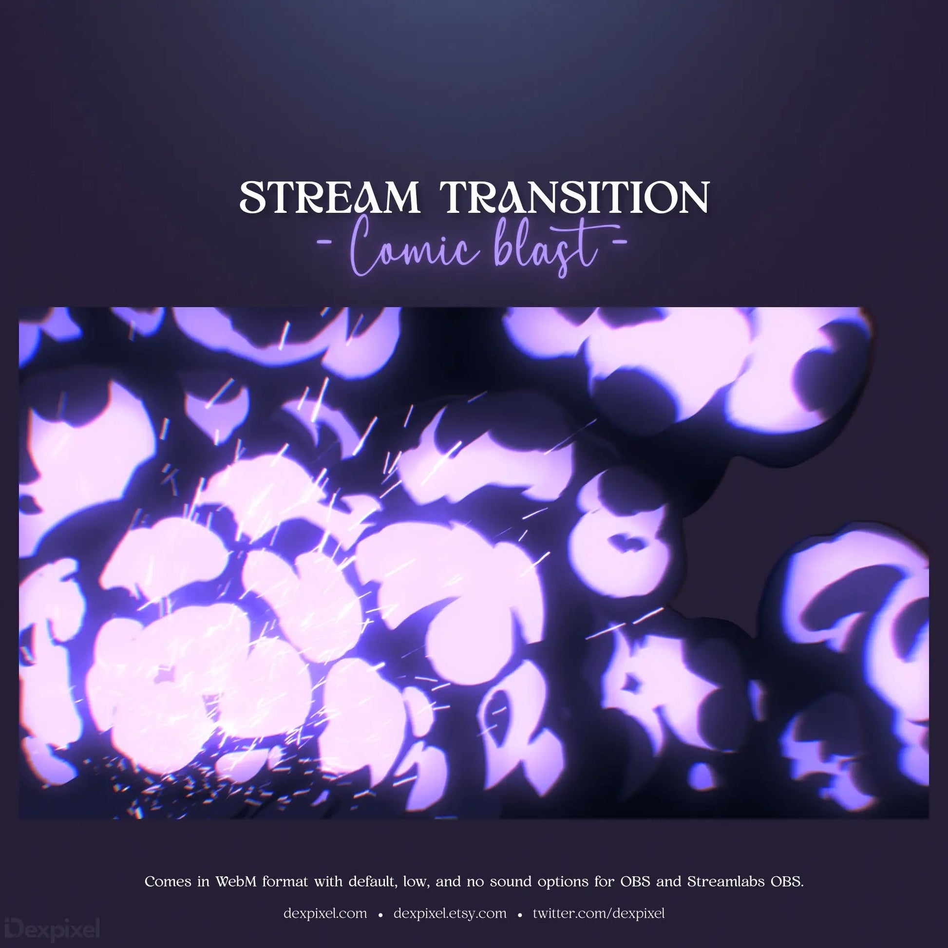 Stream transition overlay with purple and white bokeh light effects.