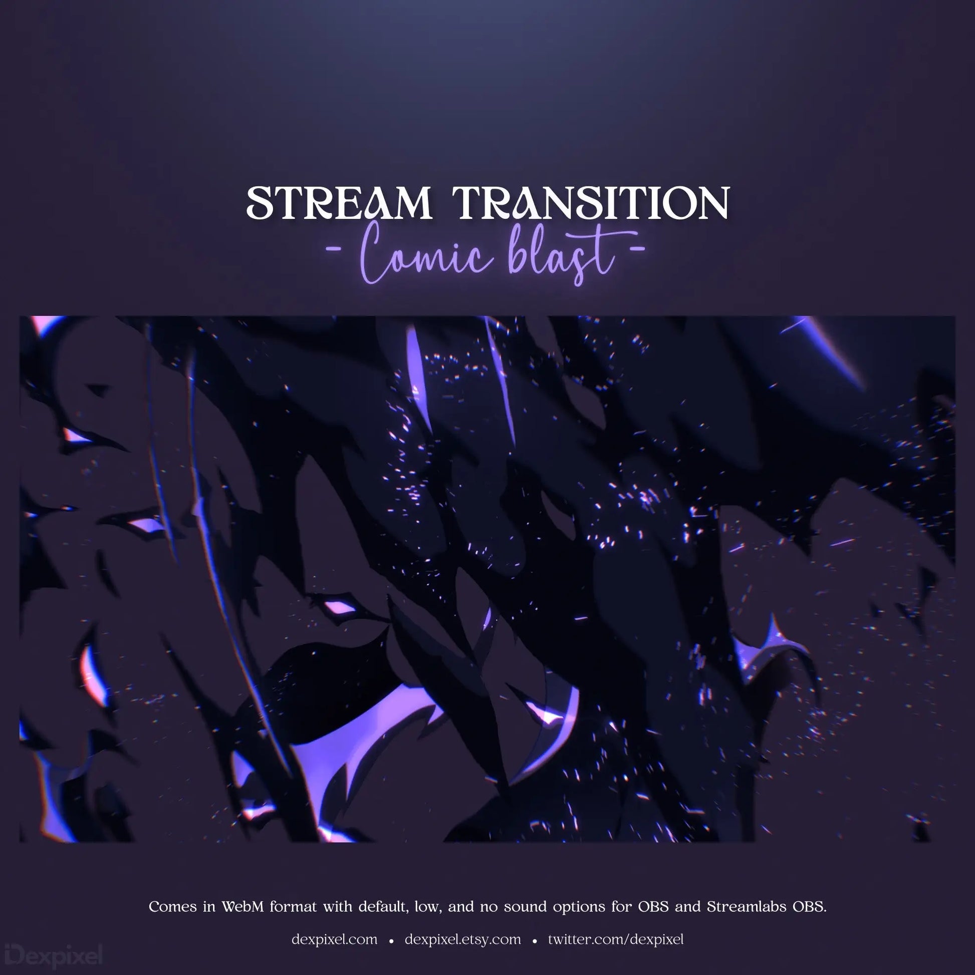 Stream transition overlay with dark purple and black abstract design elements.