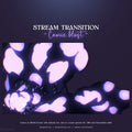 Stream transition overlay with purple bokeh light effects.