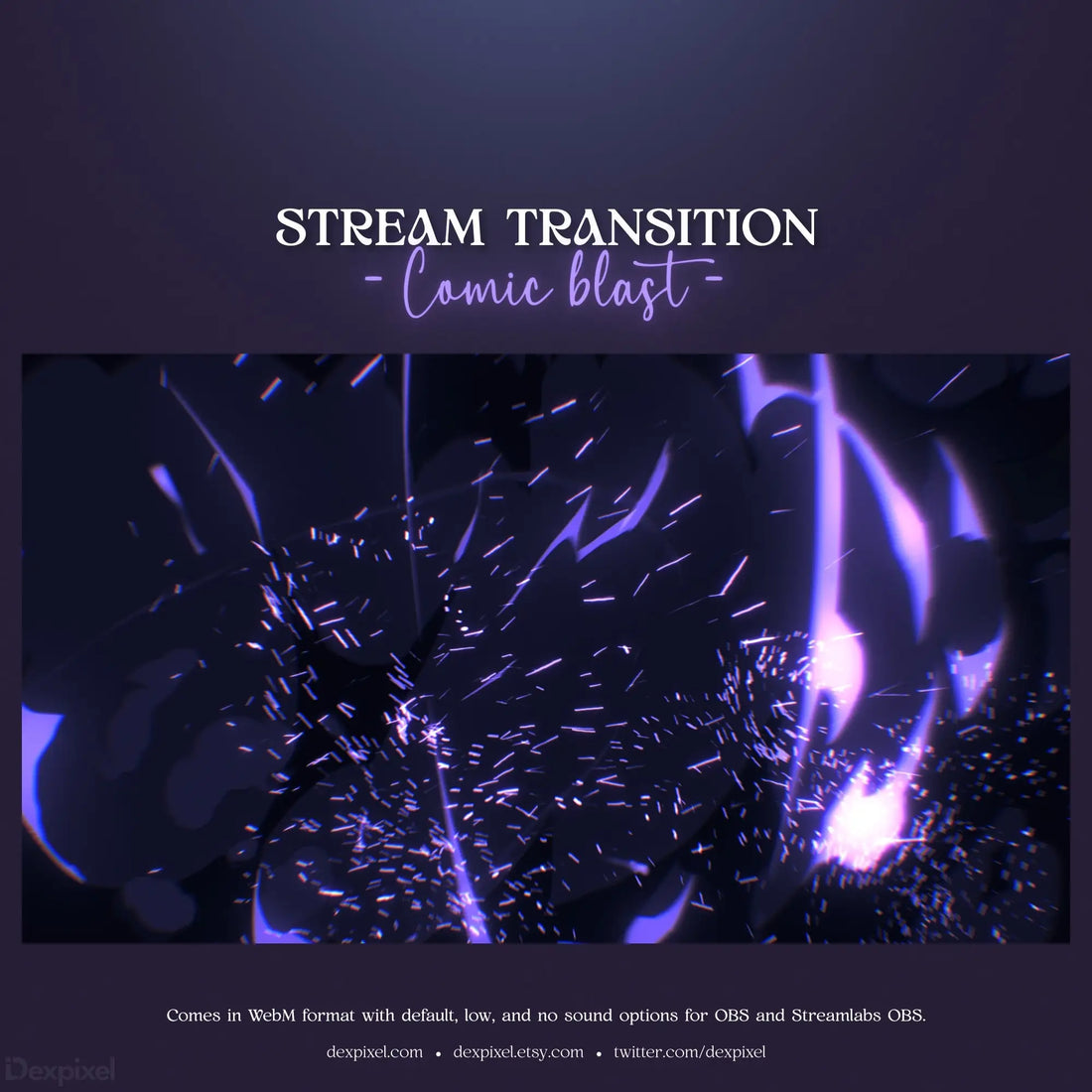 Stream transition overlay with purple and white bokeh light effects.