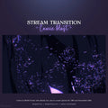 Stream transition screen with swirling purple particle effects and white text.