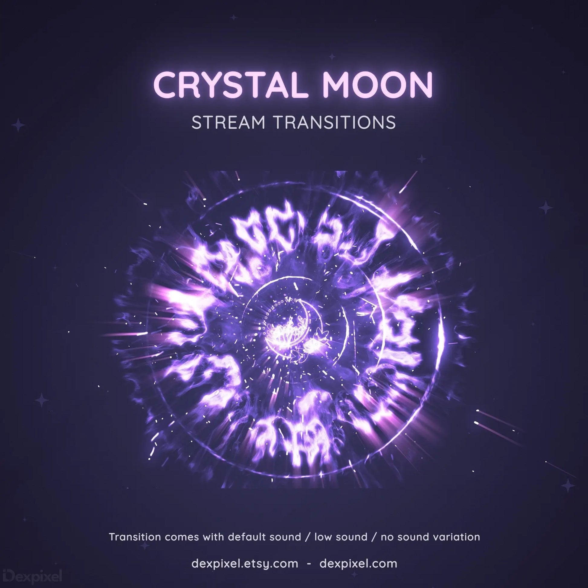 Glowing purple crystal moon design with spiral energy effects and runic-like symbols.