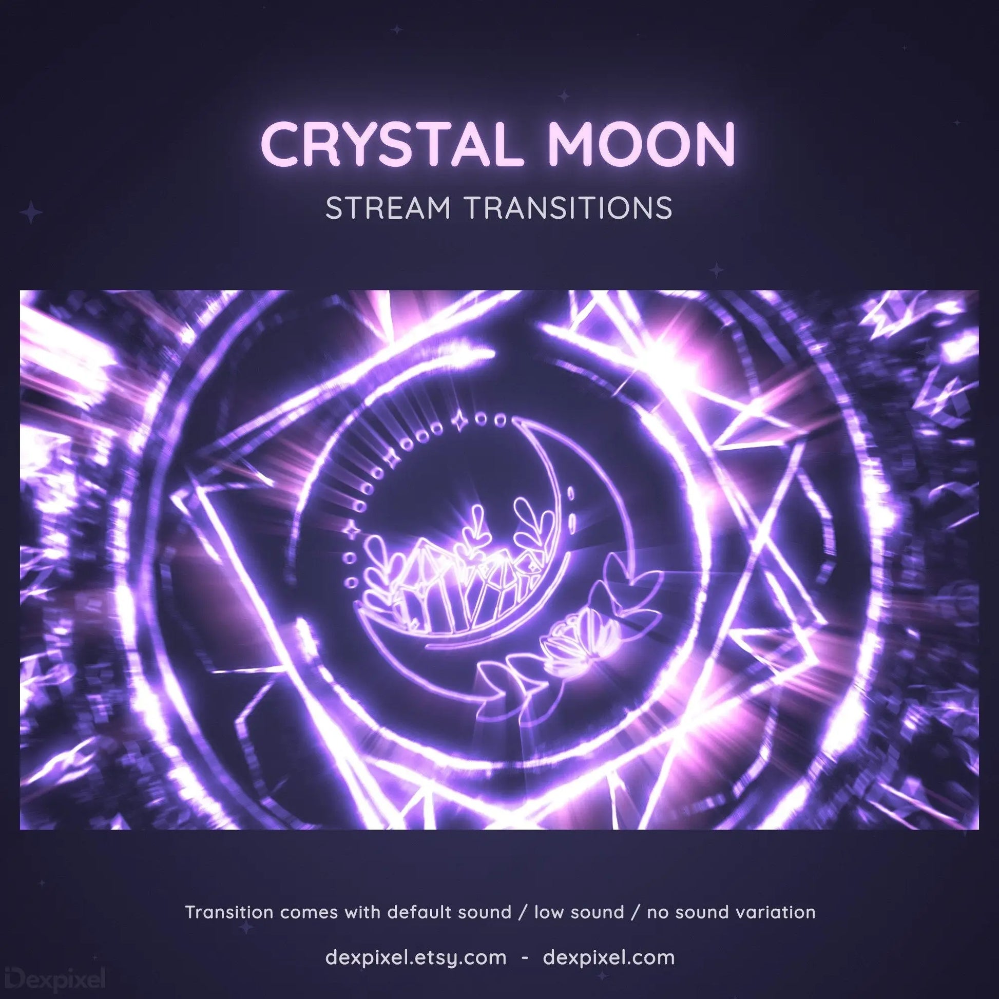 Glowing purple spiral animation with ’Crystal Moon’ text and floral elements.